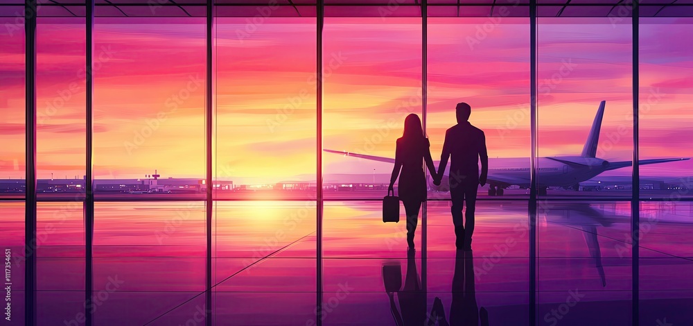 An illustration of a couple holding hands while walking towards an airplane gate. An illustration of a couple holding hands while walking towards an airplane gate.