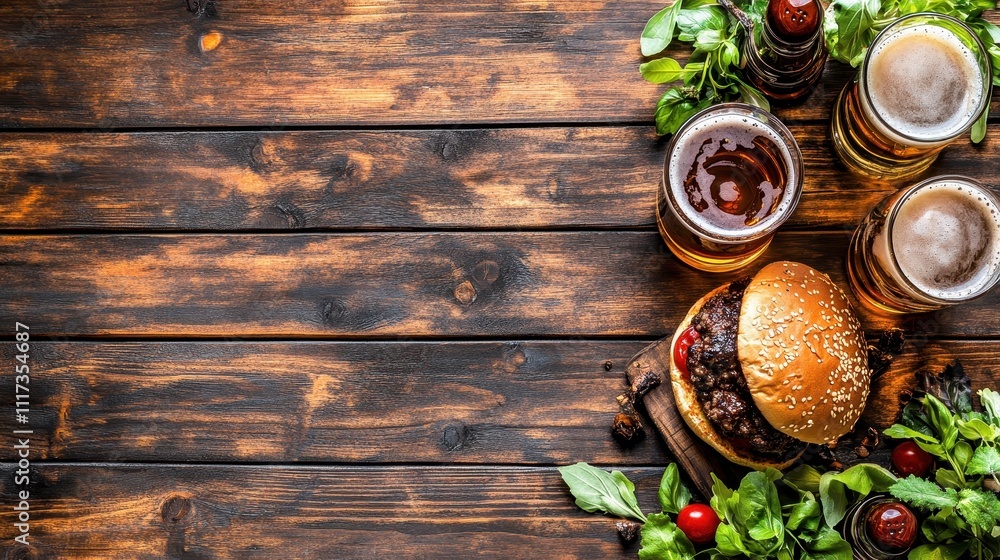 Delicious gourmet burgers and craft beers on rustic wooden table. Delicious gourmet burgers and craft beers on rustic wooden table.