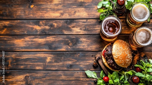 Delicious gourmet burgers and craft beers on rustic wooden table.