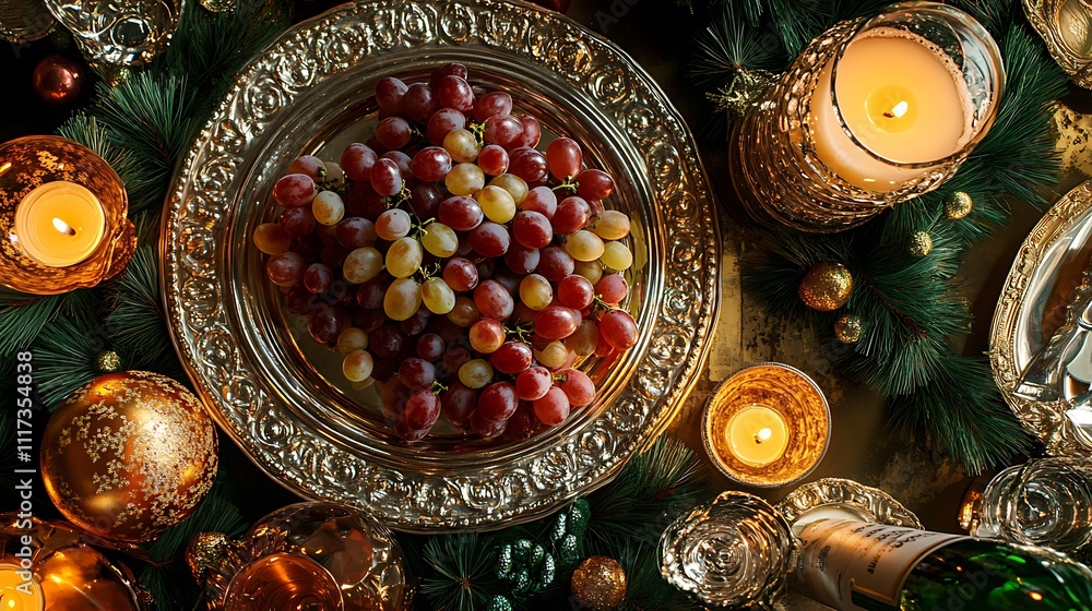 An aerial view of a Spanish New Year table with 12 grapes arranged in a circular pattern on a silver tray, a bottle of cava chilling in an ice bucket, gold and green decorations completing the scene, An aerial view of a Spanish New Year table with 12 grapes arranged in a circular pattern on a silver tray, a bottle of cava chilling in an ice bucket, gold and green decorations completing the scene,