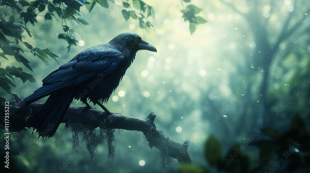Fototapeta premium Raven perched on a branch, illuminated by soft glowing light in a misty forest setting, copy space