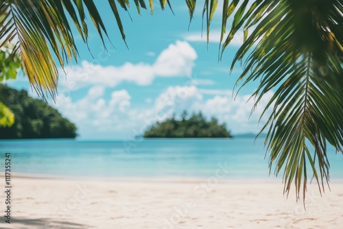 A serene beach scene featuring palm trees, clear water, and a distant island under a blue sky.