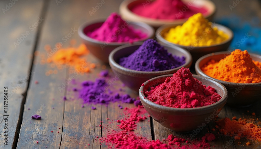 Vibrant colors of Holi celebration with bright powders lit by warm sunlight Vibrant colors of Holi celebration with bright powders lit by warm sunlight