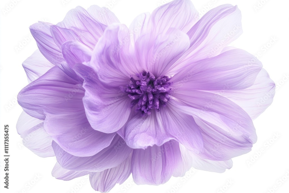 A soft lavender flower with delicate petals and a central cluster of stamen. A soft lavender flower with delicate petals and a central cluster of stamen.