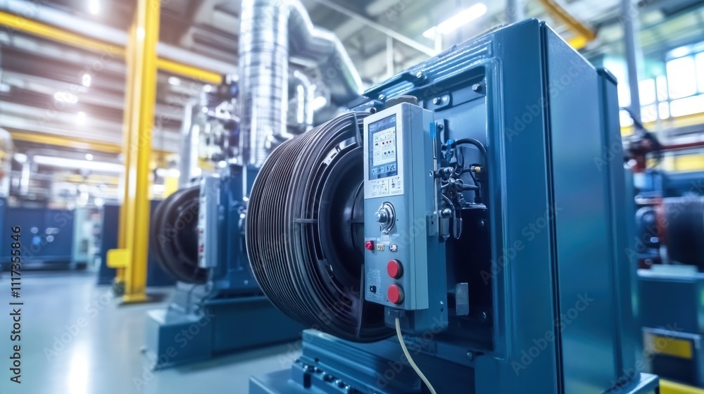 Industrial Machinery Close-Up: A Teal-Colored Engine in a Factory Setting Industrial Machinery Close-Up: A Teal-Colored Engine in a Factory Setting