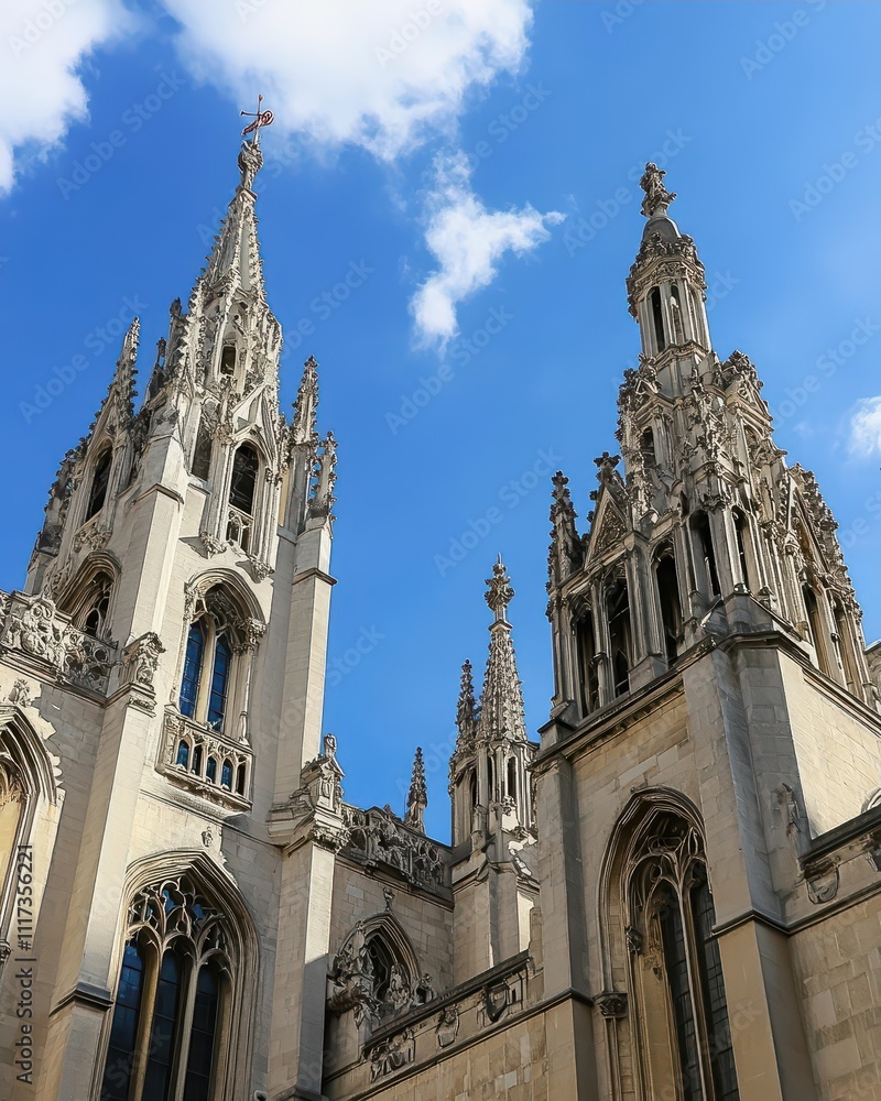 A stunning view of ornate church spires against a blue sky.