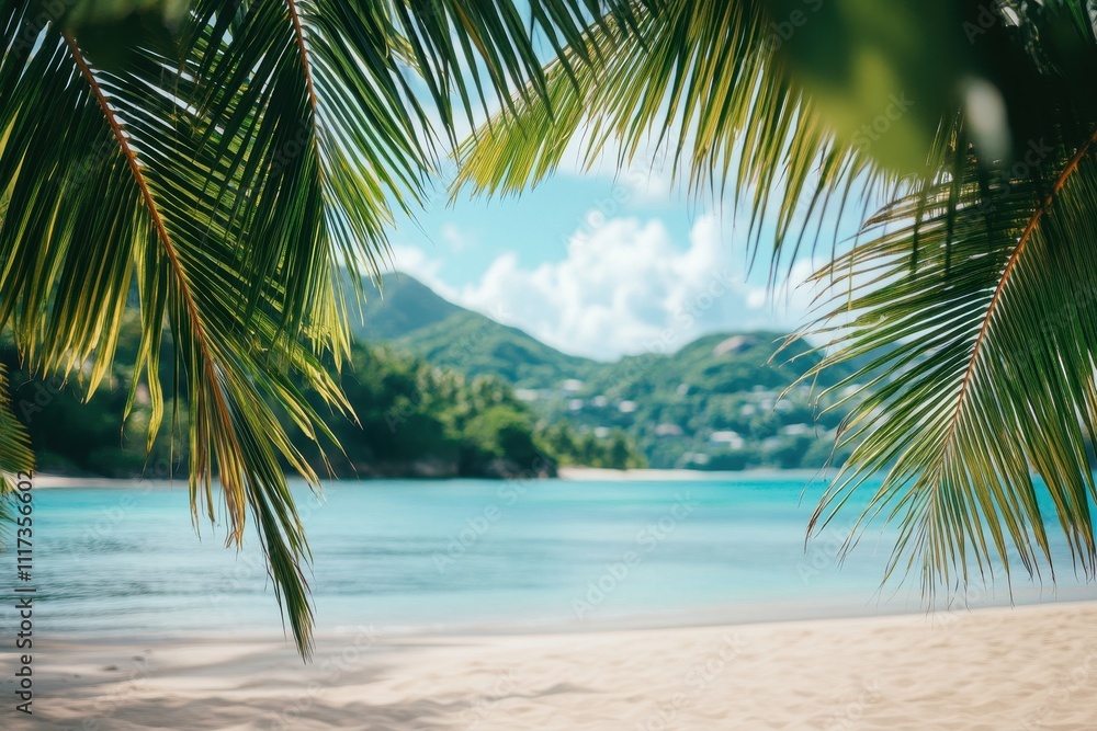 A serene beach view framed by palm leaves, showcasing clear water and lush hills. A serene beach view framed by palm leaves, showcasing clear water and lush hills.