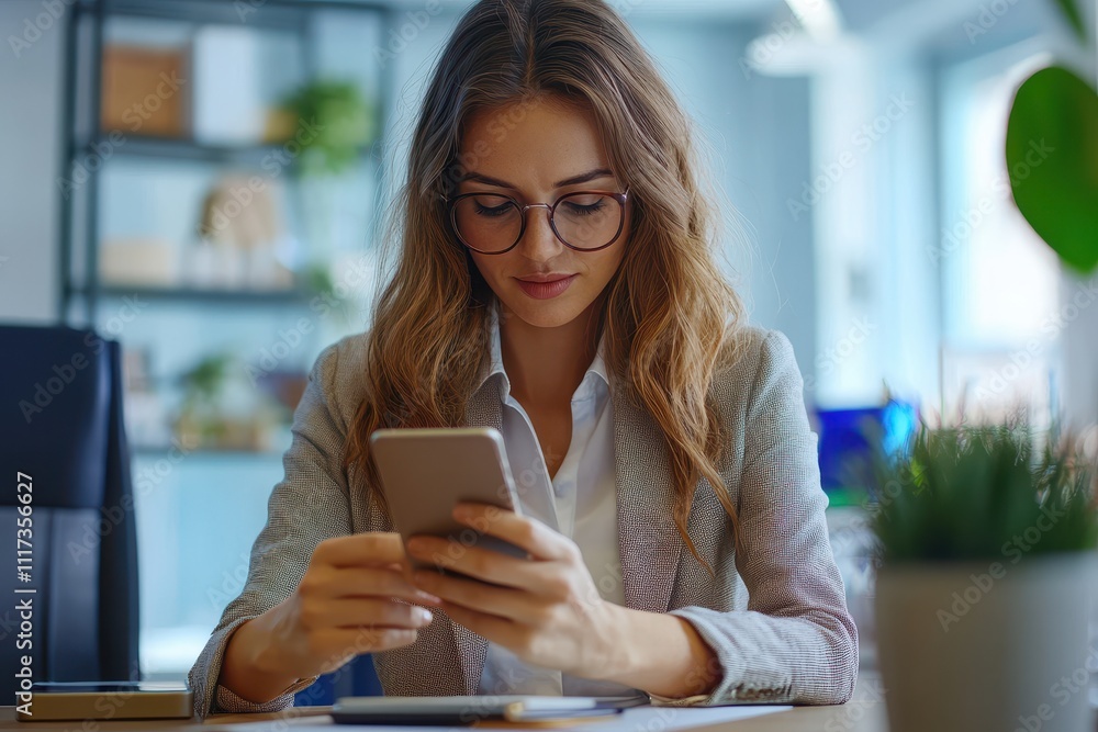 Professional businesswoman manager working in office typing on smartphone Professional businesswoman manager working in office typing on smartphone