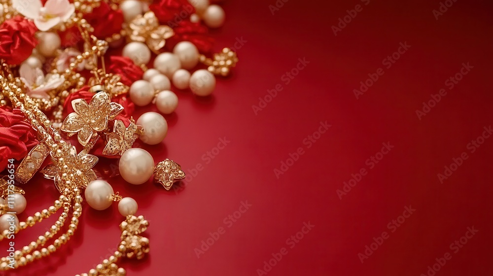 Red and white decorative hair accessories, pearls, and fabric flowers on a glossy crimson background. Red and white decorative hair accessories, pearls, and fabric flowers on a glossy crimson background.