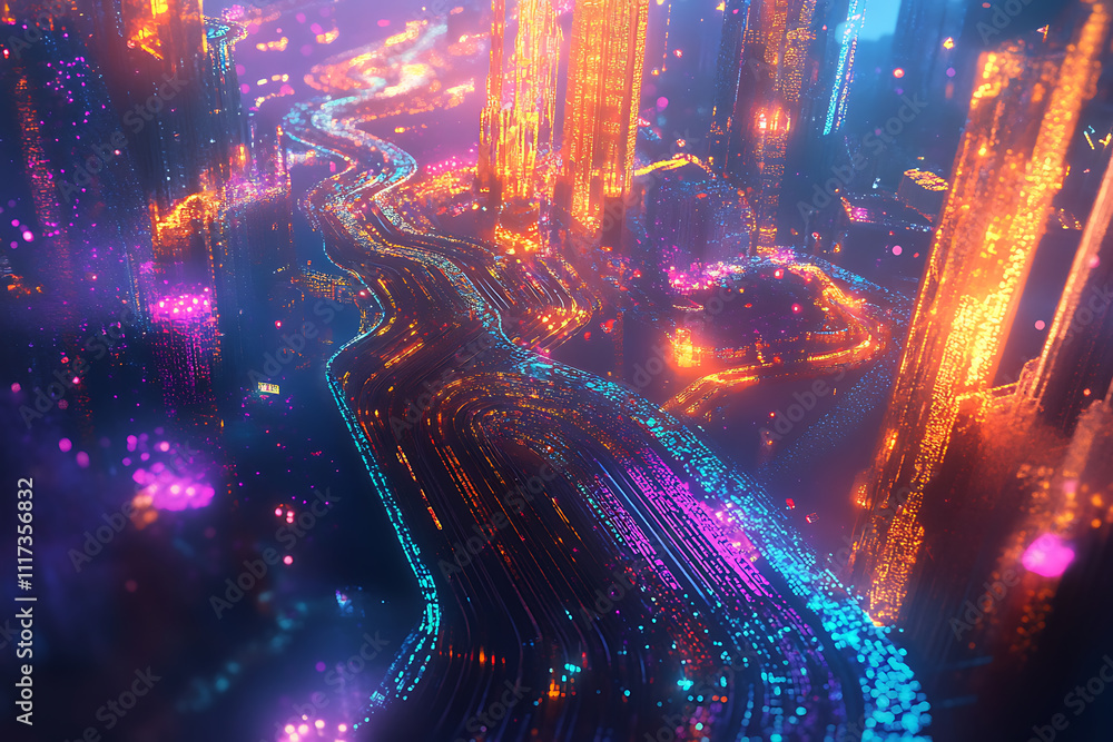 Fototapeta premium Vibrant cityscape illuminated by neon lights along a winding river at night