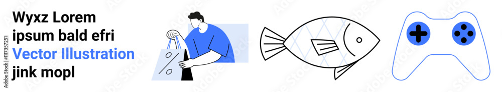 Man holding shopping bag wearing blue shirt, simple geometric fish drawing, white game controller with blue buttons. Ideal for e-commerce, shopping, minimalistic art, gaming, technology, fish vector Man holding shopping bag wearing blue shirt, simple geometric fish drawing, white game controller with blue buttons. Ideal for e-commerce, shopping, minimalistic art, gaming, technology, fish vector