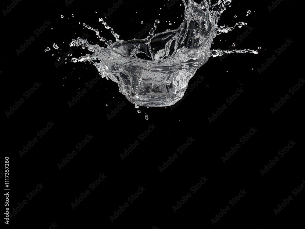 Dynamic and vibrant water splash frozen in mid-air against a stark black backdrop, impact, motion Dynamic and vibrant water splash frozen in mid-air against a stark black backdrop, impact, motion
