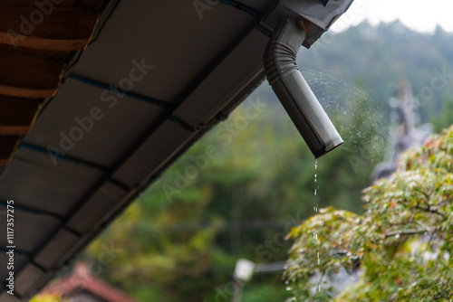 eaves and gutter in the rainy day