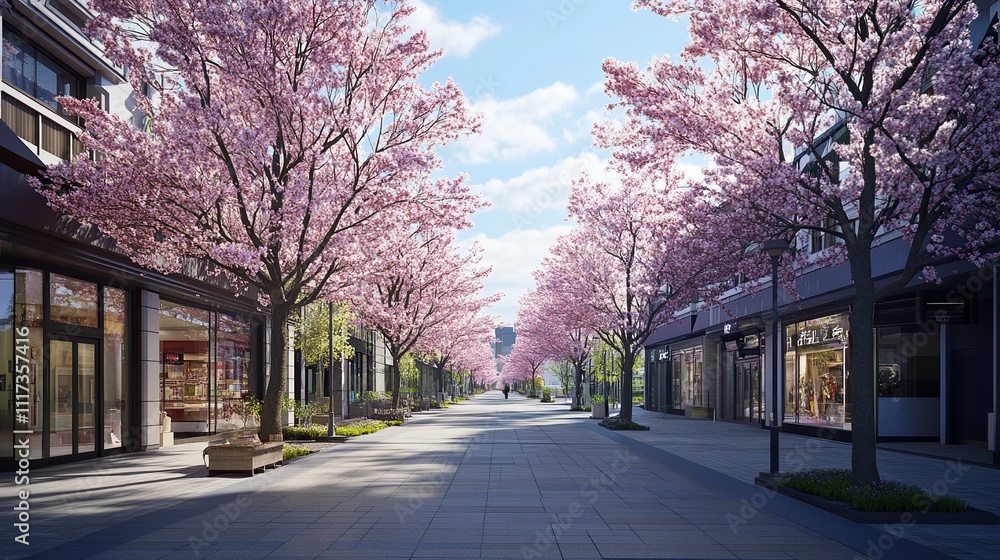 Pedestrian street and outside of shopping center building, there are cherry blossom trees along the roadside. Pedestrian street and outside of shopping center building, there are cherry blossom trees along the roadside.