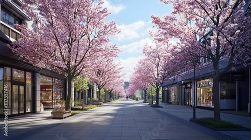 Pedestrian street and outside of shopping center building, there are cherry blossom trees along the roadside.