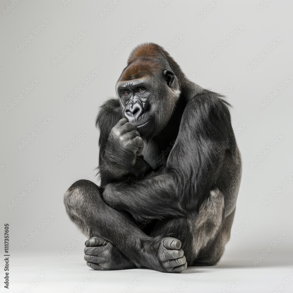 Fototapeta premium Sitting gorilla sits on gray background. Wild animal