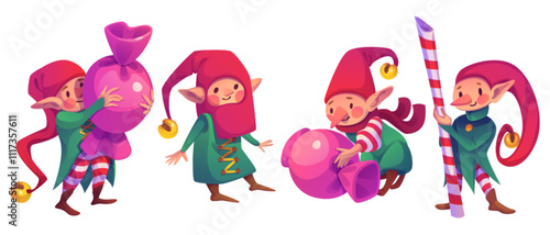 Cute elves in festive costumes carrying oversized candies and caramel cane. Santa Claus helpers in red hats, green outfits and striped leggings. Playful characters for Christmas greeting cards design.