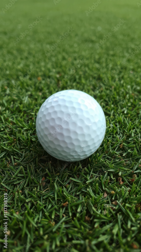 Fototapeta premium Close-up of golf ball on green grass surface with small dimples, outdoor, golf ball