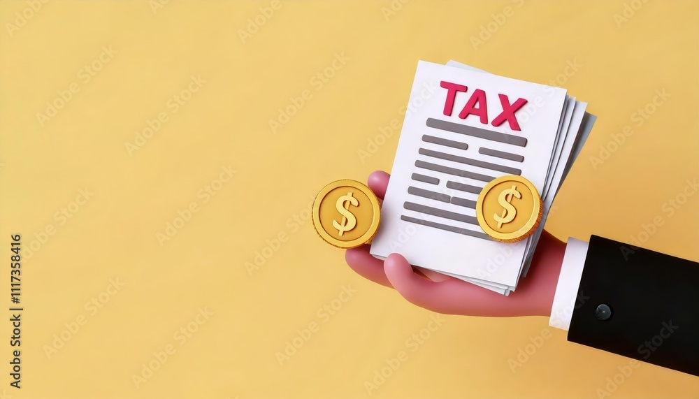 A hand holds tax documents and gold coins against a yellow background, symbolizing financial responsibilities and tax obligations. A hand holds tax documents and gold coins against a yellow background, symbolizing financial responsibilities and tax obligations.