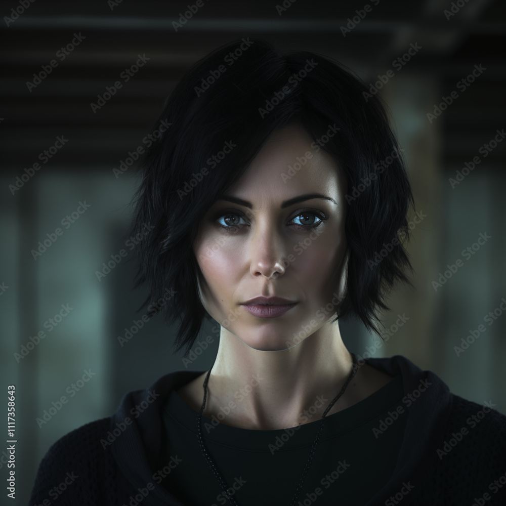 Portrait of a woman with short black hair and an intense gaze, captured in a modern, minimally lit space. Expressive and mysterious Portrait of a woman with short black hair and an intense gaze, captured in a modern, minimally lit space. Expressive and mysterious