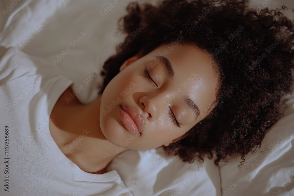 Young calm African American woman model sleeping well with eyes closed lying in comfortable bed Young calm African American woman model sleeping well with eyes closed lying in comfortable bed