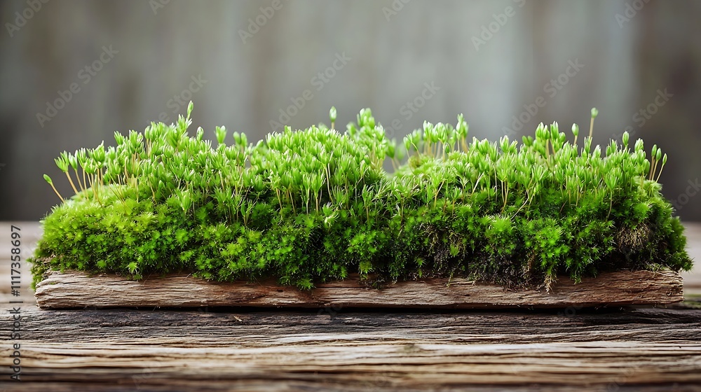 Closeup of Fresh Green Moss Growing on Rustic Wooden Surface : Generative AI Closeup of Fresh Green Moss Growing on Rustic Wooden Surface : Generative AI