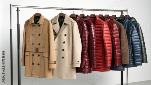 An elegant clothing rack dedicated to coats displays a variety of outerwear. Wool peacoats stylish trench coats and colorful puffer jackets hang side by side. The textures range photo