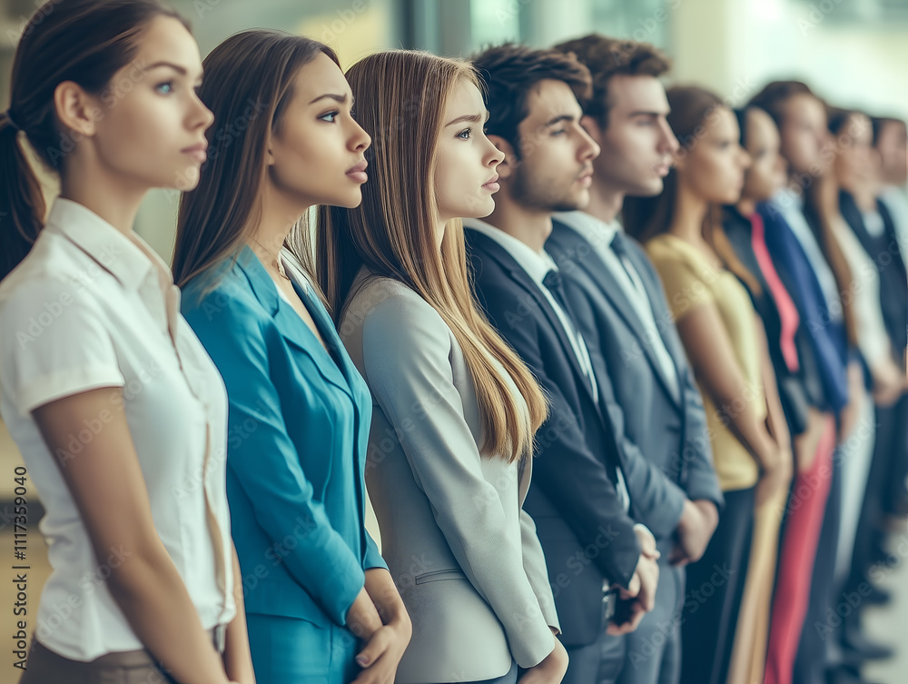 Professional team standing in line, focused and determined in a corporate setting Professional team standing in line, focused and determined in a corporate setting