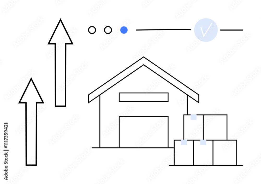 Warehouse with stacked boxes, upward arrows, progress circles, and checkmark. Ideal for business growth, logistics, inventory management, process improvement, supply chain warehousing market Warehouse with stacked boxes, upward arrows, progress circles, and checkmark. Ideal for business growth, logistics, inventory management, process improvement, supply chain warehousing market