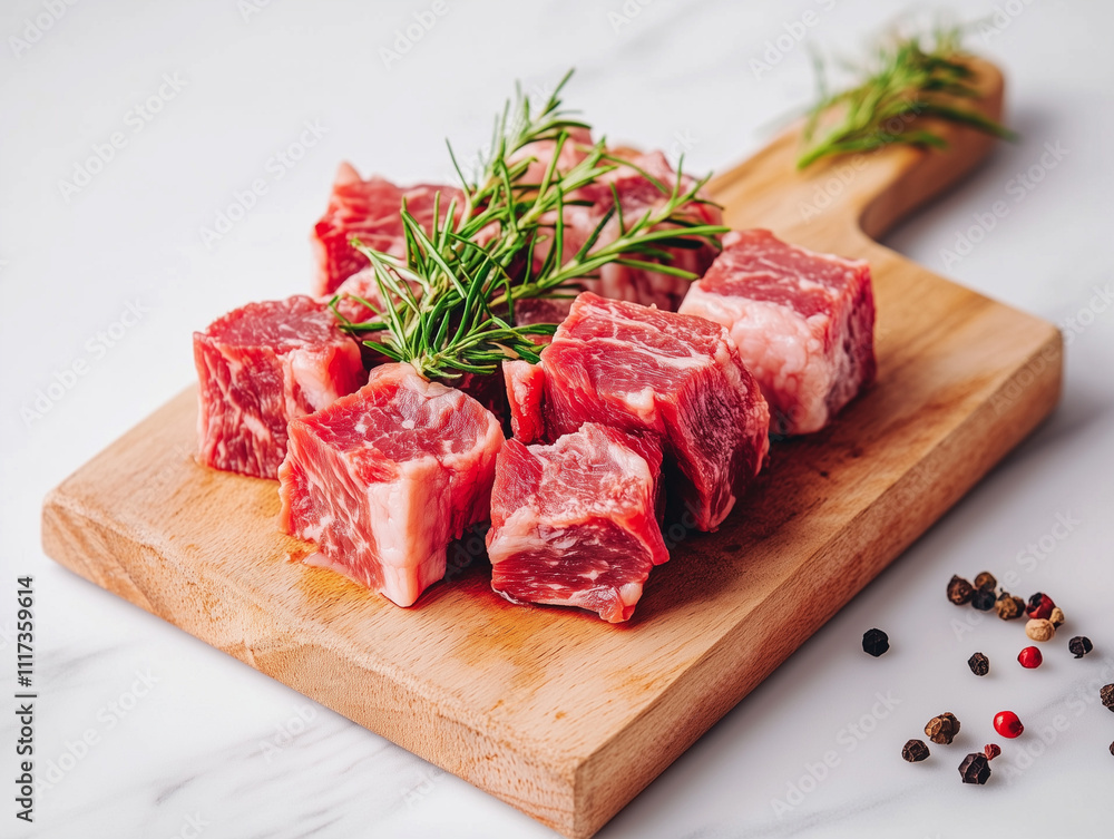 raw cubed meat on a wooden board .
raw cubed meat on a wooden board .