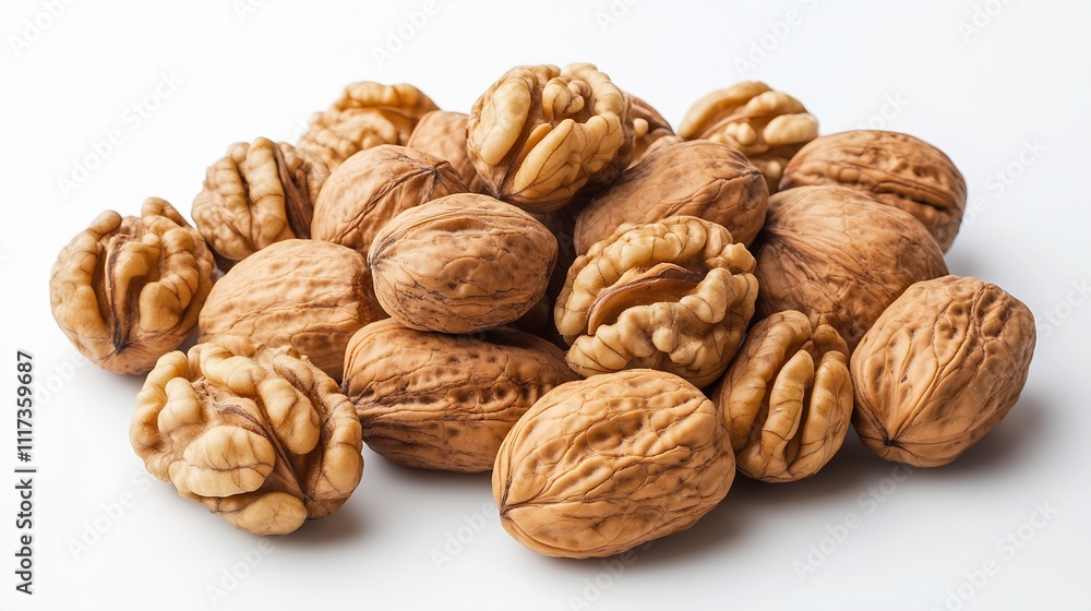Closeup of Raw Whole Walnuts on White Background Ideal for Natural Health and Nutrition Themes : Generative AI Closeup of Raw Whole Walnuts on White Background Ideal for Natural Health and Nutrition Themes : Generative AI