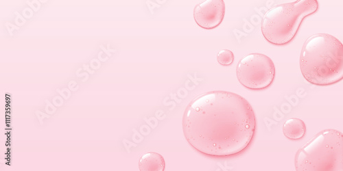 Soft pink background with glossy transparent jelly drops scattered across. Drops of various size and shape with air bubbles texture. Fresh delicate elegant border for beauty and skincare design.