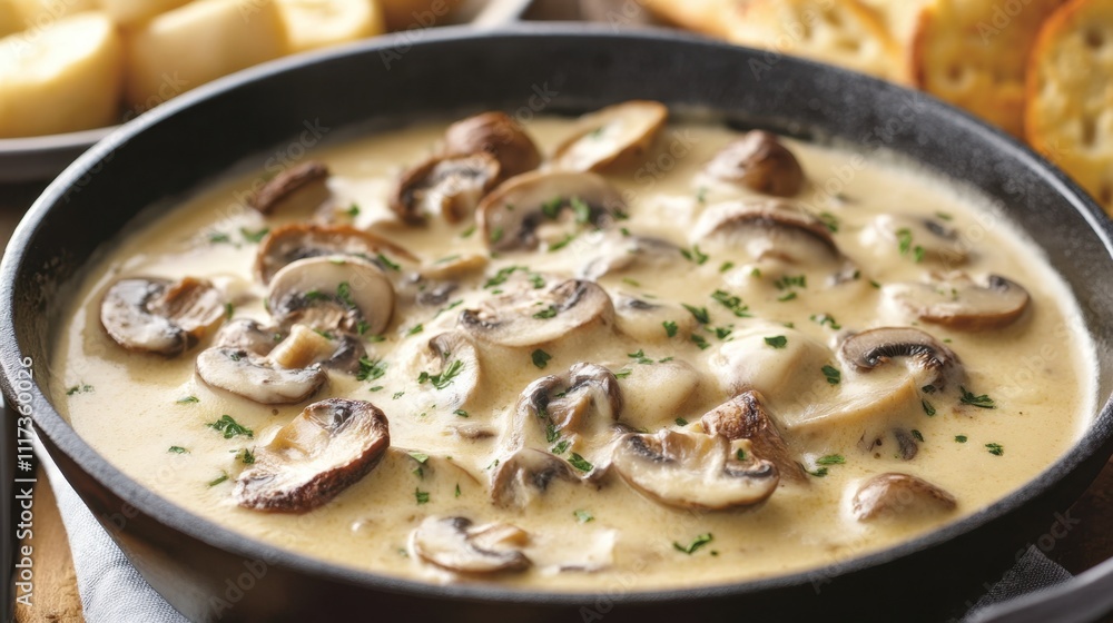 Creamy mushroom sauce with fresh herbs in skillet for gourmet cooking and dining Creamy mushroom sauce with fresh herbs in skillet for gourmet cooking and dining