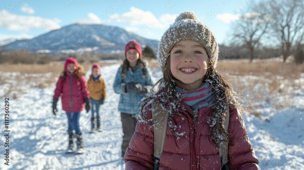 Joyful Winter Hike with Friends in Snowy Mountains Outdoor Adventure Fun Daylight Scene Happy Girl Leading the Way Joyful Winter Hike with Friends in Snowy Mountains Outdoor Adventure Fun Daylight Scene Happy Girl Leading the Way