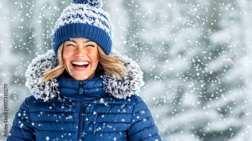 Joyful Woman Enjoying Winter Snow Mountain Landscape Smiling Portrait Outdoor Adventure Close-up View Happiness in Nature