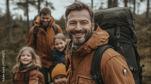 Happy Family Hiking in Autumn Scenic Forest Trail Adventure Lifestyle Family Bonding Outdoor Fun Nature Exploration
