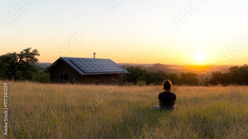 Sunset view, solar cabin, tall grass
