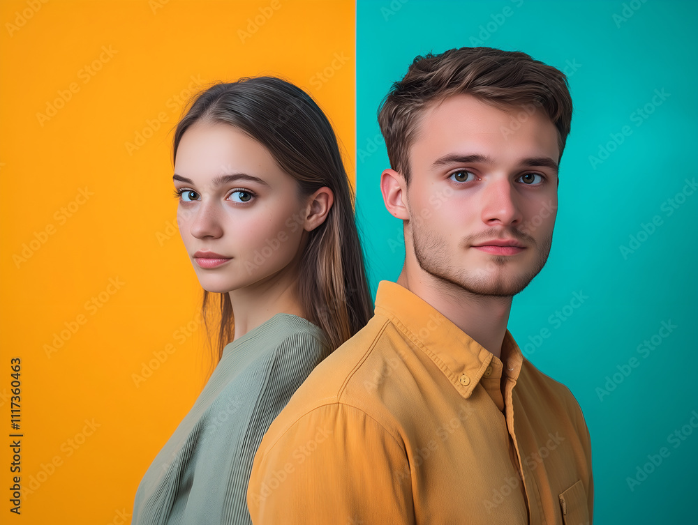 Stylish young man and woman posing against a vibrant dual-color background Stylish young man and woman posing against a vibrant dual-color background