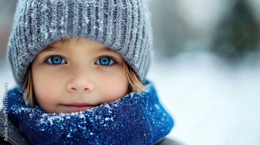 Young Child with Bright Blue Eyes Smiling Amid Winter Snowfall, Wearing a Gray Knit Hat and Cozy Blue Scarf, Capture of Joy and Innocence in a Winter Wonderland Young Child with Bright Blue Eyes Smiling Amid Winter Snowfall, Wearing a Gray Knit Hat and Cozy Blue Scarf, Capture of Joy and Innocence in a Winter Wonderland