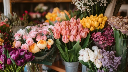 Colorful bouquet arrangement in florist shop displaying vibrant spring flowers New Zealand Flowers Week