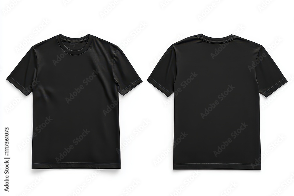 A plain black t-shirt displayed from the front and back view for clothing presentation. A plain black t-shirt displayed from the front and back view for clothing presentation.