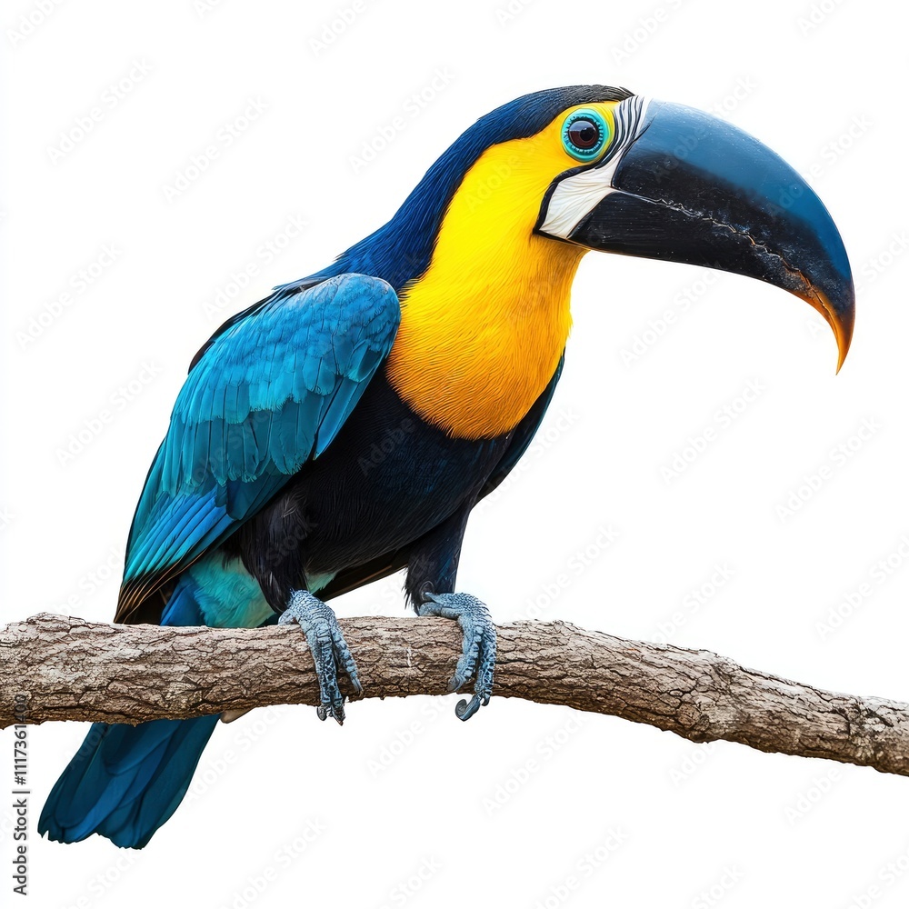 Fototapeta premium A colorful toucan perched on a branch, showcasing its vibrant plumage and large beak.