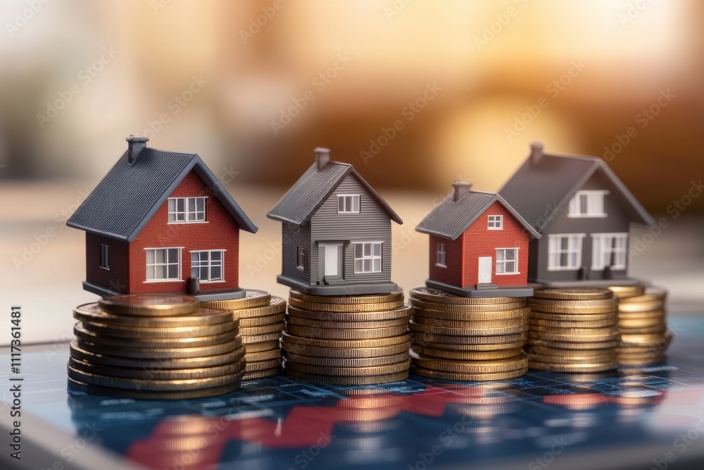 Miniature houses on coins with a blurred financial graph, real estate investment concept Miniature houses on coins with a blurred financial graph, real estate investment concept