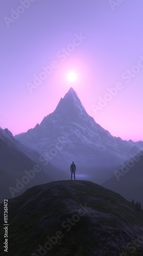 Man on mountain peak, sunset view
