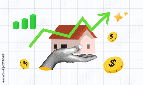 halftone collage, Real estate growth concept with rising green arrow, house icon, hand, and dollar coins. market analysis, property investment, and financial trends. for real estate SEO content