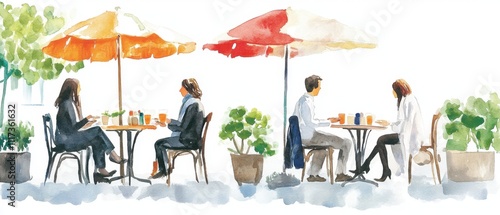 Solo Diners Eat Out Week Outdoor cafe scene with people dining and conversing in watercolor art