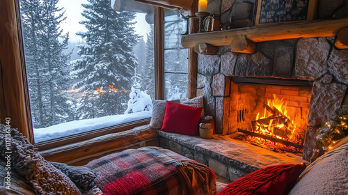 A fireplace with a red pillow on the couch
