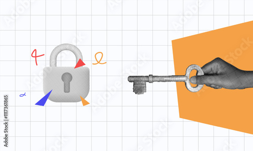 halftone collage, Creative concept design of cybersecurity or data access, hand holding key, and padlock. illustrating security, encryption, or unlocking potential