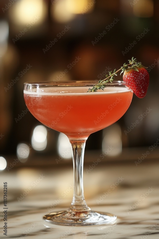 Strawberry Thyme Lillet Spritzers Elegant strawberry cocktail with thyme garnish in glass on marble Strawberry Thyme Lillet Spritzers Elegant strawberry cocktail with thyme garnish in glass on marble