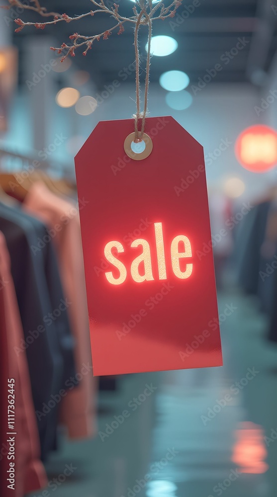 © mischenko - Red tag with the word 'Sale' on the background of a boutique © mischenko - Red tag with the word 'Sale' on the background of a boutique
